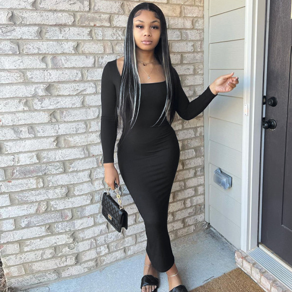 Fashion Solid Color U Neck Long Sleeve Slim Fit Long Dress
