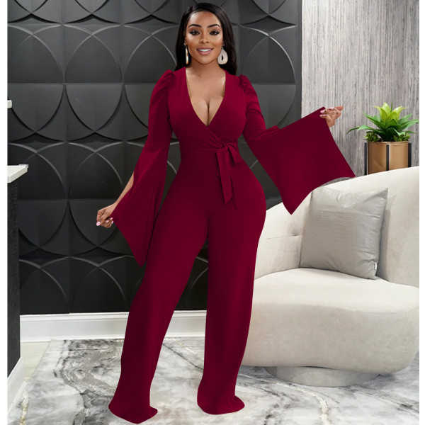 Solid Color Sexy Deep V Tie Ruched Wide Sleeve Trousers Jumpsuit