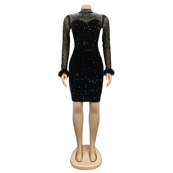 Fashion women's hot drill see-through short skirt long sleeve feather dress