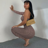 Fashionable One Shoulder Long Sleeve Crinkled Slim Dress