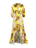 Temperament printed V-neck high-waisted long-sleeved dress long skirt
