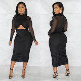 Fashion Women's Mesh Long Sleeve Solid Color Wrap Breast Cropped Navel Dress