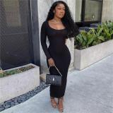Fashion Solid Color U Neck Long Sleeve Slim Fit Long Dress