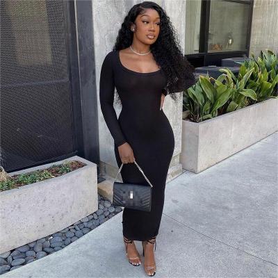 Fashion Solid Color U Neck Long Sleeve Slim Fit Long Dress