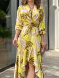 Temperament printed V-neck high-waisted long-sleeved dress long skirt