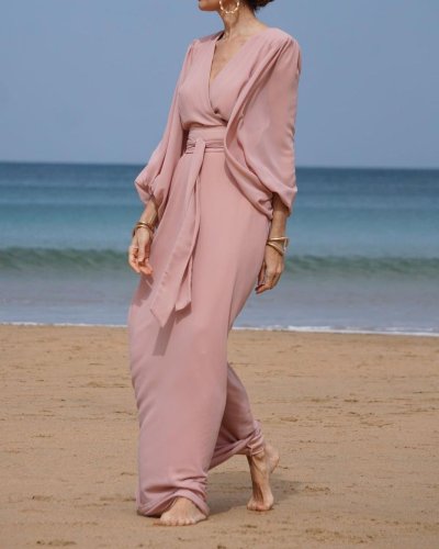 V-Neck Balloon Sleeve Long Sleeve Lace Up High Waist Dress Maxi Dress