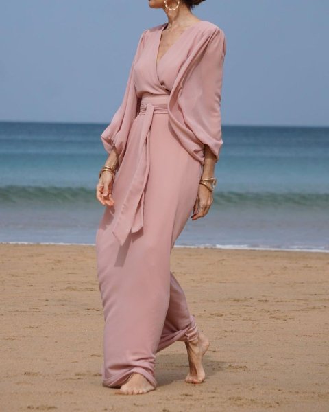 V-Neck Balloon Sleeve Long Sleeve Lace Up High Waist Dress Maxi Dress