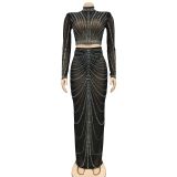 Fashion Women's Clothing Mesh Hot Drilling Perspective Long Sleeve Dress Two Piece Set