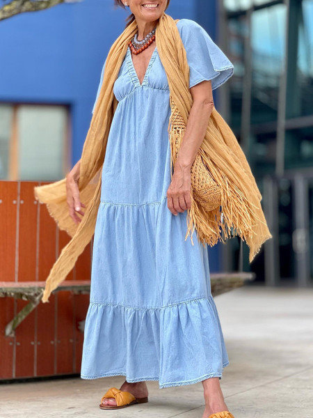 Solid Color V-Neck Loose Waist Short Sleeve Dress