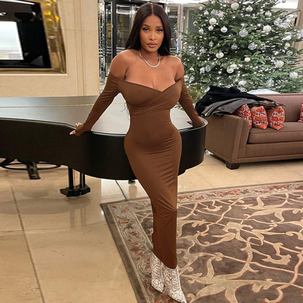 Sexy Slim Fit Solid Color Slanted Shoulder Sleeveless Hip Dress