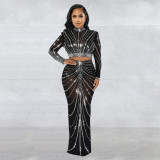 Fashion Women's Clothing Mesh Hot Drilling Perspective Long Sleeve Dress Two Piece Set