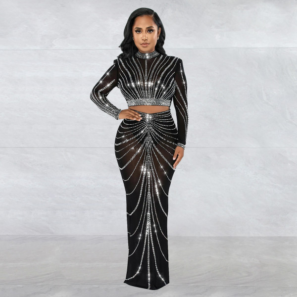 Fashion Women's Clothing Mesh Hot Drilling Perspective Long Sleeve Dress Two Piece Set
