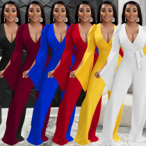 Solid Color Sexy Deep V Tie Ruched Wide Sleeve Trousers Jumpsuit Solid Color Sexy Deep V Tie Ruched Wide Sleeve Trousers Jumpsuit