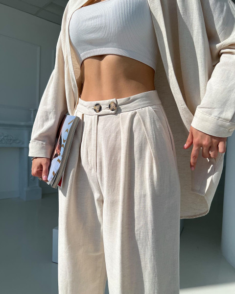 Linen Lapel Doll Sleeve Long Sleeve Shirt High Waist Straight Pants Casual Suit