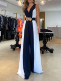 Black and white colorblock V-neck sleeveless high-waisted wide-leg jumpsuit