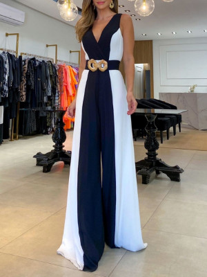Black and white colorblock V-neck sleeveless high-waisted wide-leg jumpsuit