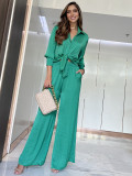Lapel Long Sleeve Shirt Top Elastic High Waist Wide Leg Pants Two Piece Set