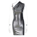 Sexy Slim Fit Solid Color Slanted Shoulder Sleeveless Hip Dress