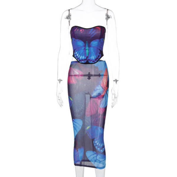 Printed backless lace-up tube top slim fit skirt suit