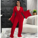 Solid Color Sexy Deep V Tie Ruched Wide Sleeve Trousers Jumpsuit
