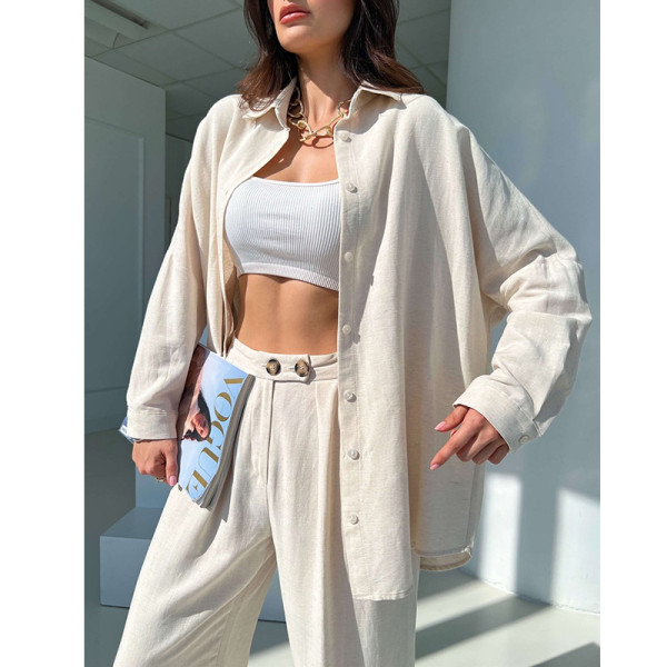 Linen Lapel Doll Sleeve Long Sleeve Shirt High Waist Straight Pants Casual Suit