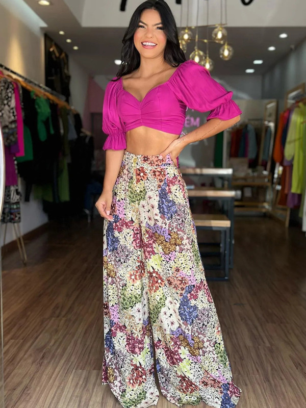 Simple short-sleeved top high-waisted wide-leg printed trousers two-piece set