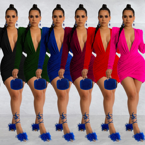 Fashion Women's V-Neck Shoulder Pad Long Sleeve Velvet Short Skirt Dress