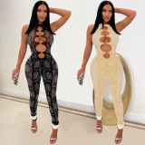 Fashion Women's Mesh See Through Ironing Drill Sleeveless Trousers Jumpsuit