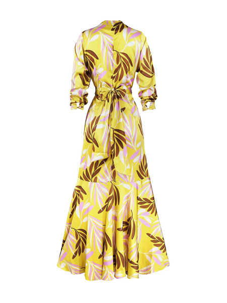 Temperament printed V-neck high-waisted long-sleeved dress long skirt