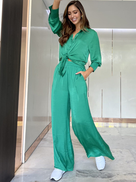 Lapel Long Sleeve Shirt Top Elastic High Waist Wide Leg Pants Two Piece Set