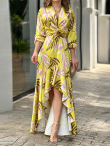 Temperament printed V-neck high-waisted long-sleeved dress long skirt Temperament printed V-neck high-waisted long-sleeved dress long skirt