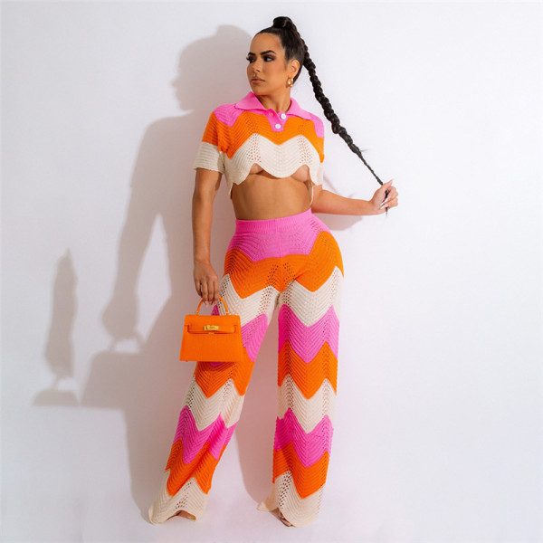 Fashion polo wool knitted short-sleeved top wave contrast color high waist trousers suit
