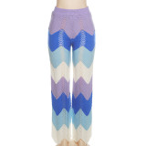 Fashion polo wool knitted short-sleeved top wave contrast color high waist trousers suit