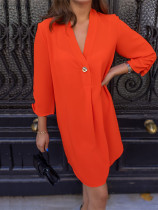 V-neck three-quarter sleeve loose-waist shift dress short skirt V-neck three-quarter sleeve loose-waist shift dress short skirt
