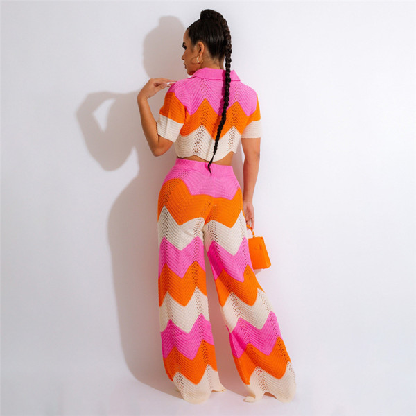 Fashion polo wool knitted short-sleeved top wave contrast color high waist trousers suit