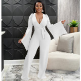 Solid Color Sexy Deep V Tie Ruched Wide Sleeve Trousers Jumpsuit