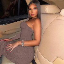 Fashionable One Shoulder Long Sleeve Crinkled Slim Dress
