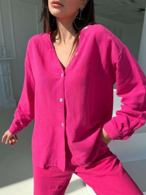 V-neck single-breasted long-sleeved shirt high-waisted cropped two-piece set