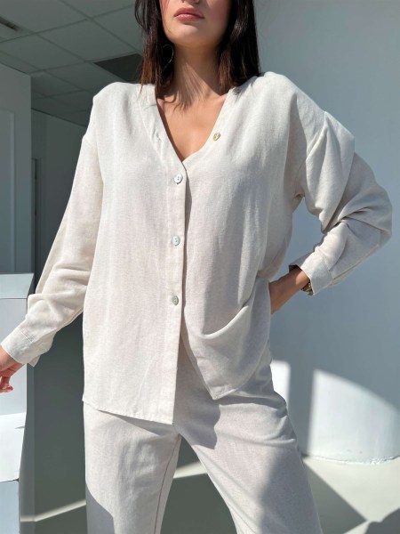 V-neck single-breasted long-sleeved shirt high-waisted cropped two-piece set
