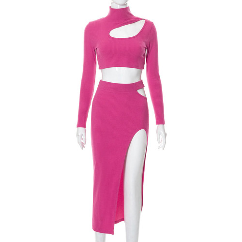 Solid Threaded One-Shoulder Vest Side Open Skirt Set