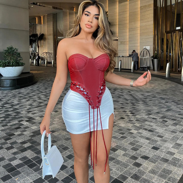 One-shoulder sleeveless wrap chest wink strap zip irregular top