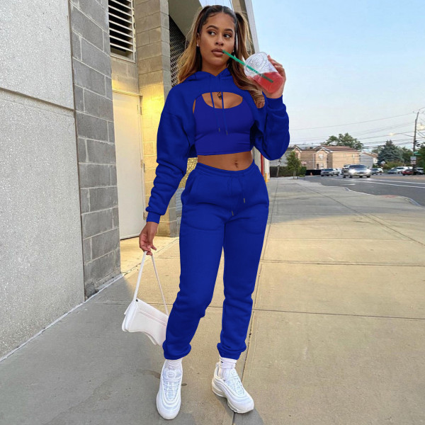 three-piece fleece drawstring hoodie with cotton tank top and jogger pants