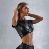Round neck, short sleeves, chest and navel