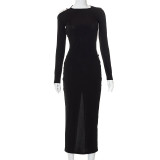 Long Sleeves Open Back Tie Long Sexy Dress