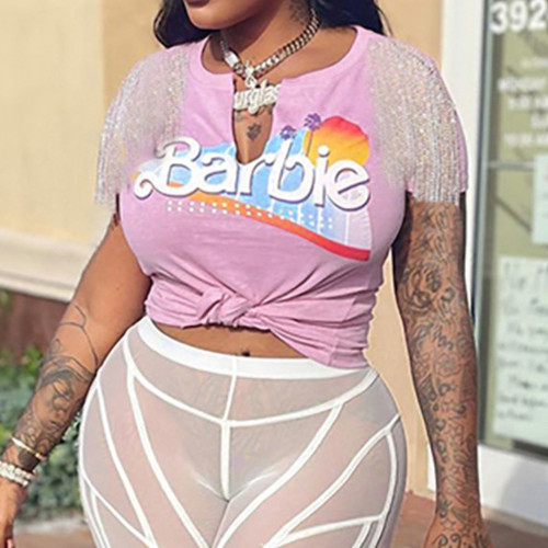 Fashion Cropped Letter Print Fringe Short Sleeve T-Shirt Top