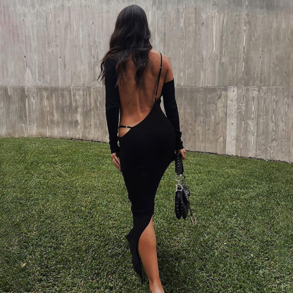 Long Sleeves Open Back Tie Long Sexy Dress