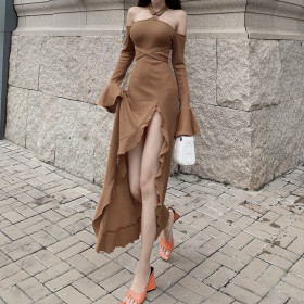 Solid halter neck off-the-shoulder flared-sleeve high-waisted side-opening french dress