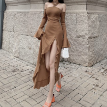 Solid halter neck off-the-shoulder flared-sleeve high-waisted side-opening french dress Solid halter neck off-the-shoulder flared-sleeve high-waisted side-opening french dress