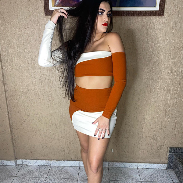 One-shoulder contrast color wrap chest long-sleeved top and hip skirt suit