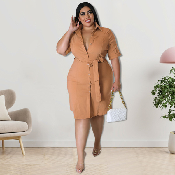 Plus Size Women's Solid Color Short Sleeve Shirt Dress